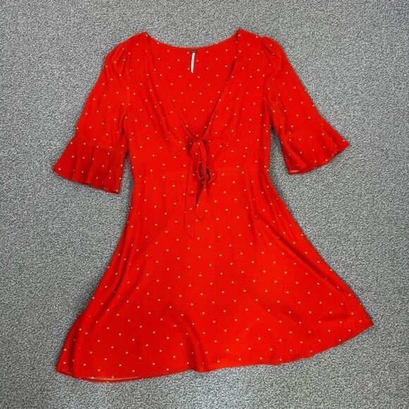 Free People All Yours Polkadot Flounce Sleeve Mini Dress Orange V Neck 4 - Picture 14 of 15